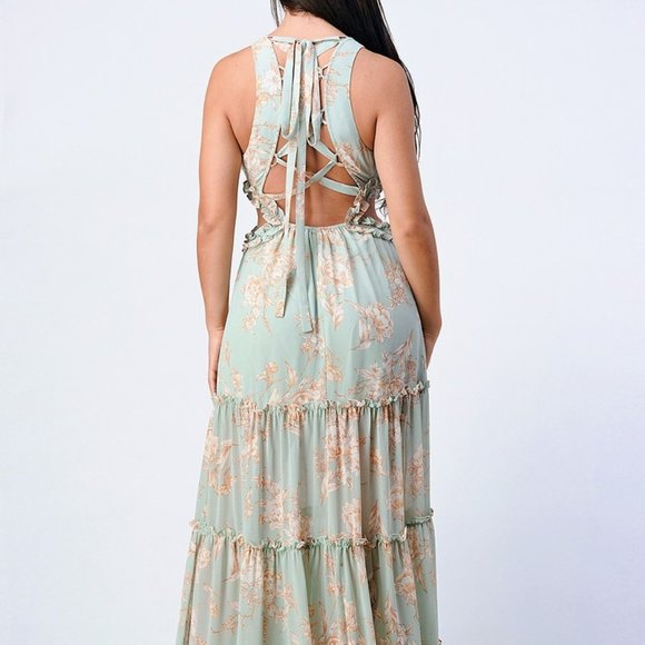 Sage Floral Cut out sides Lace up Vintage look Tan Green Maxi dress size Small - Picture 3 of 8